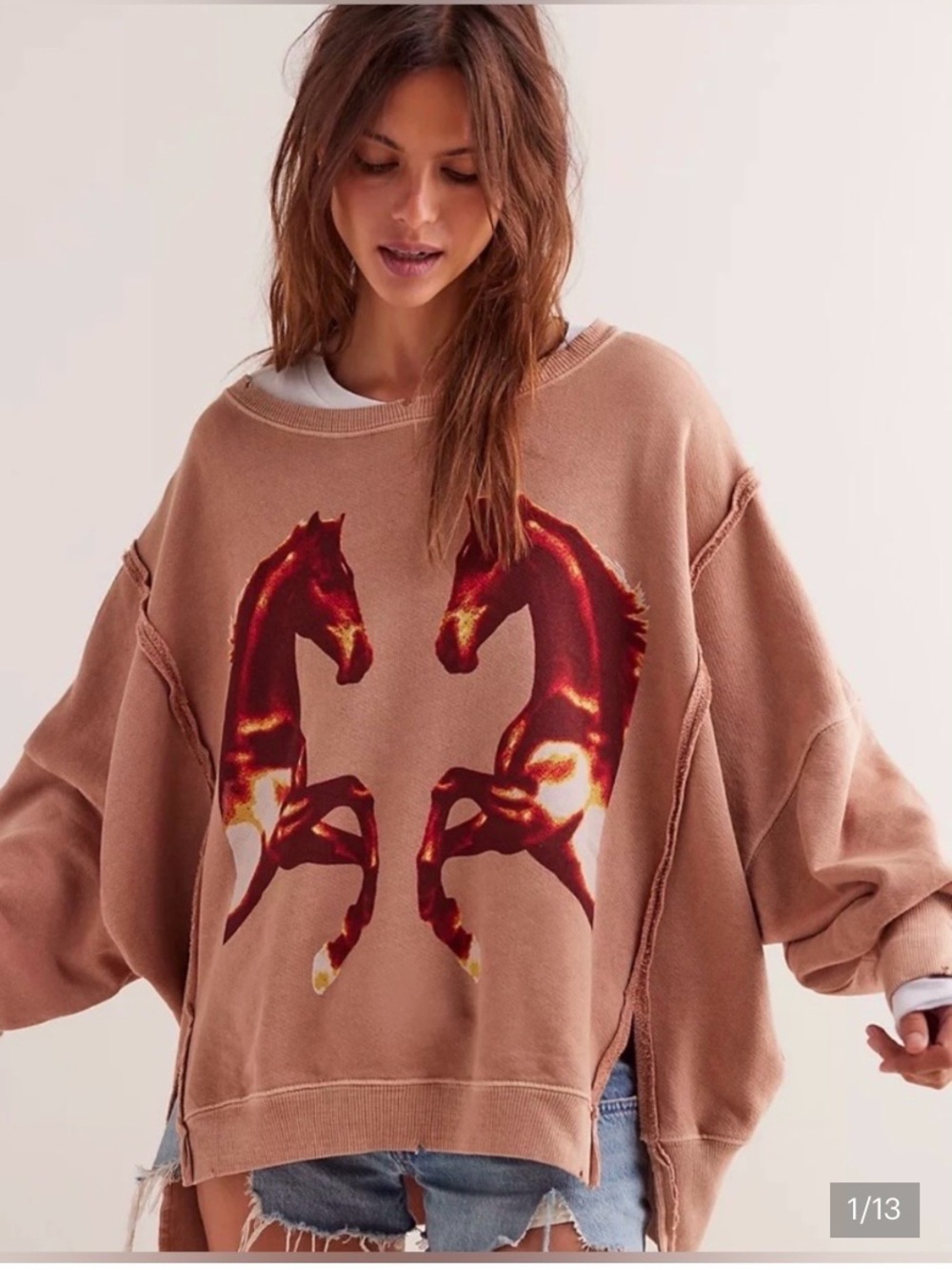 🆕FREE PEOPLE WE THE FREE Camden Graphic Pullover Sweatshirt Mirrored Horses.NWT